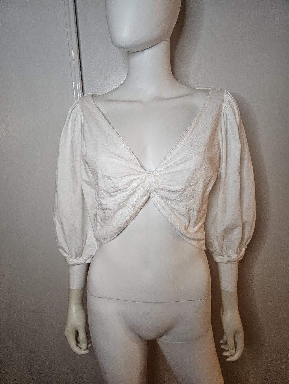 AMUR Organic Cotton White Twist-Front Puff Sleeve Crop Top Size L Made In Peru